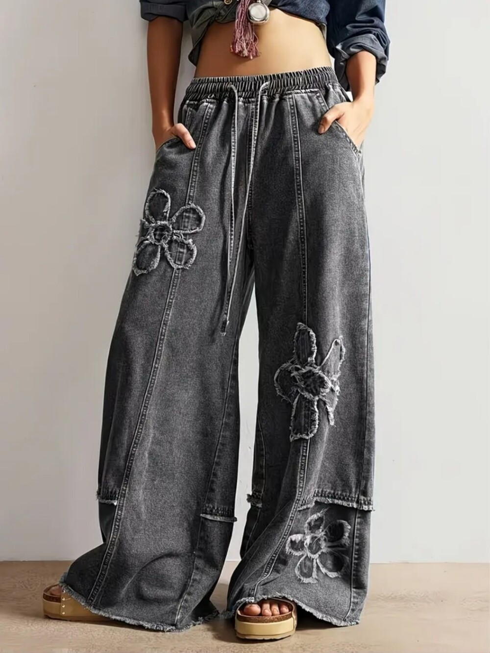 432.Wide-Leg Mineral Washed Black Floral Patch Jeans with Drawstring Waist